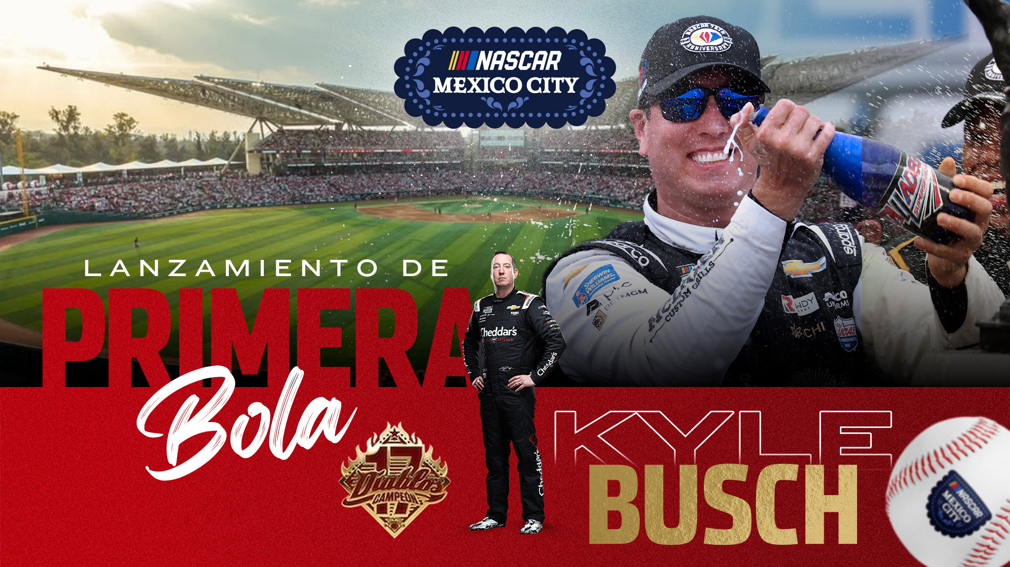 Kyle Busch lanzará primera bola del partido de beisbol de Diablos Rojos del México ante Olmecas de Tabasco